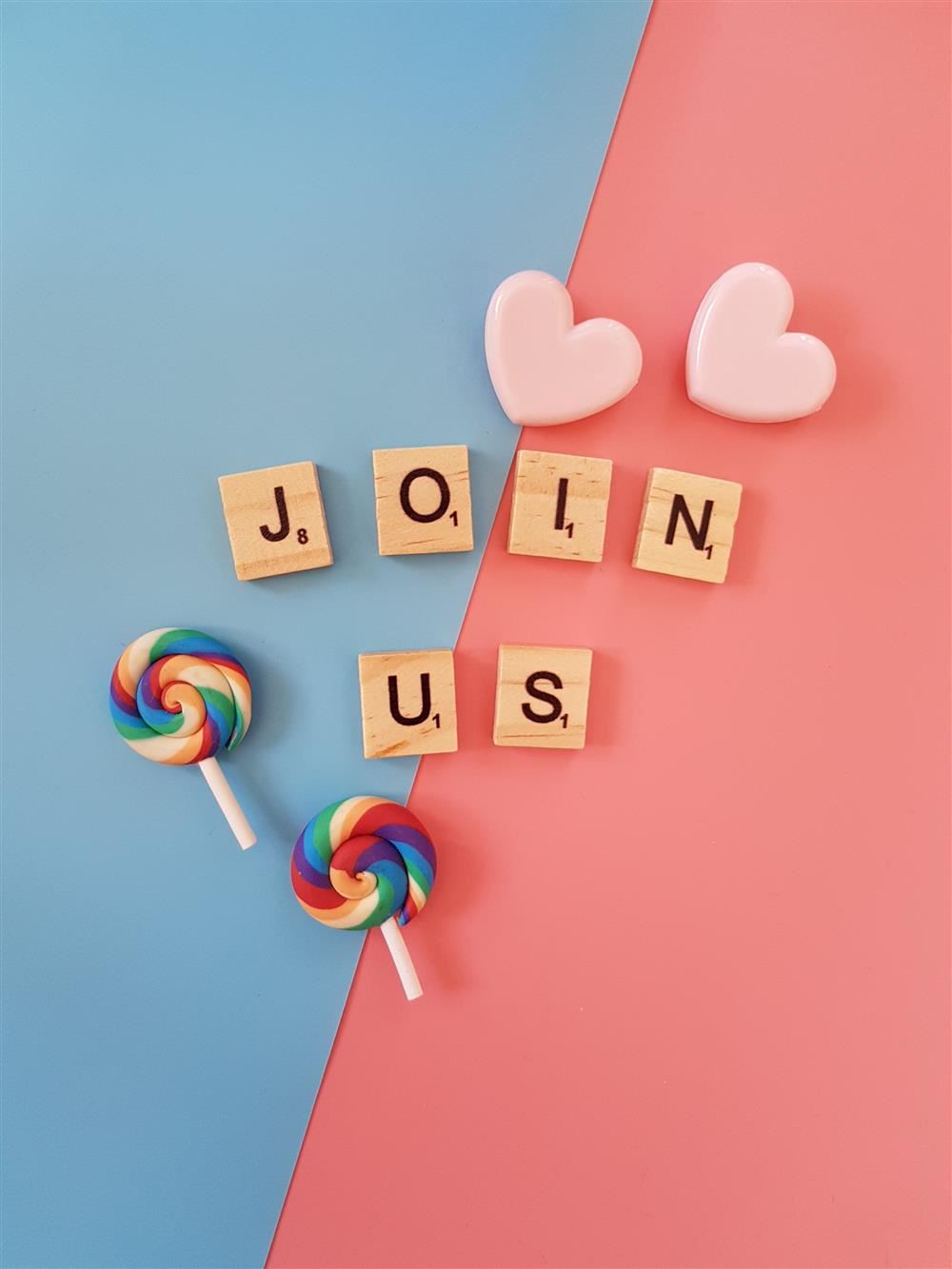  picture with pink background and wood clocks saying join us and lolipops